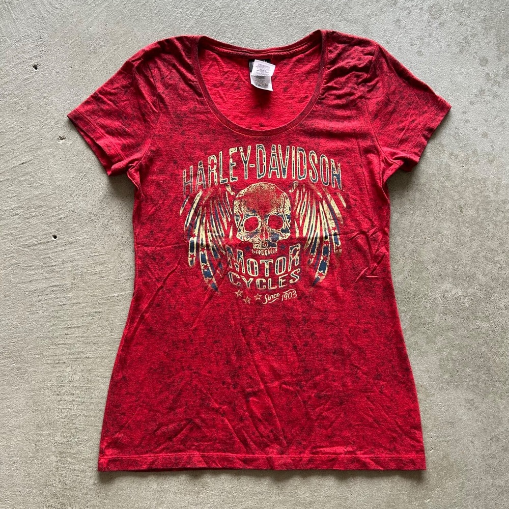 Vintage Harley Davidson Shirt Womens Small Red Skull Sailboat Mackinac Island MI